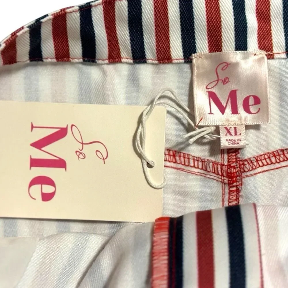 Denim Mini Skirt Patriotic Flag USA Red White Blue Striped Bow Pocket XL SO ME - Picture 11 of 13
